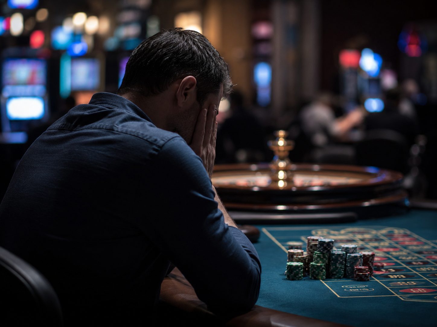 Man sitting alone at a roulette table in a casino