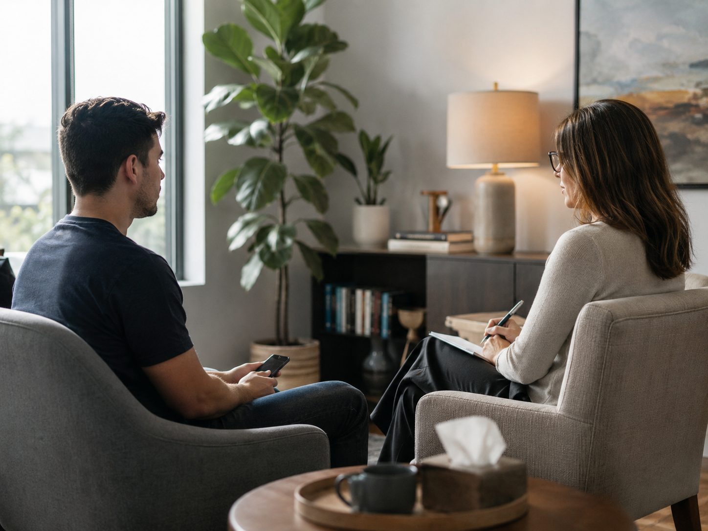 Client talking to a therapist about online gambling in London